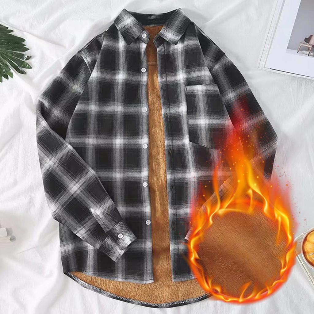 Women's Warm Plaid Shirt Autumn And Winter Long Sleeve Buttons Up Jacket Soft Lined Flannel Coat With Pockets