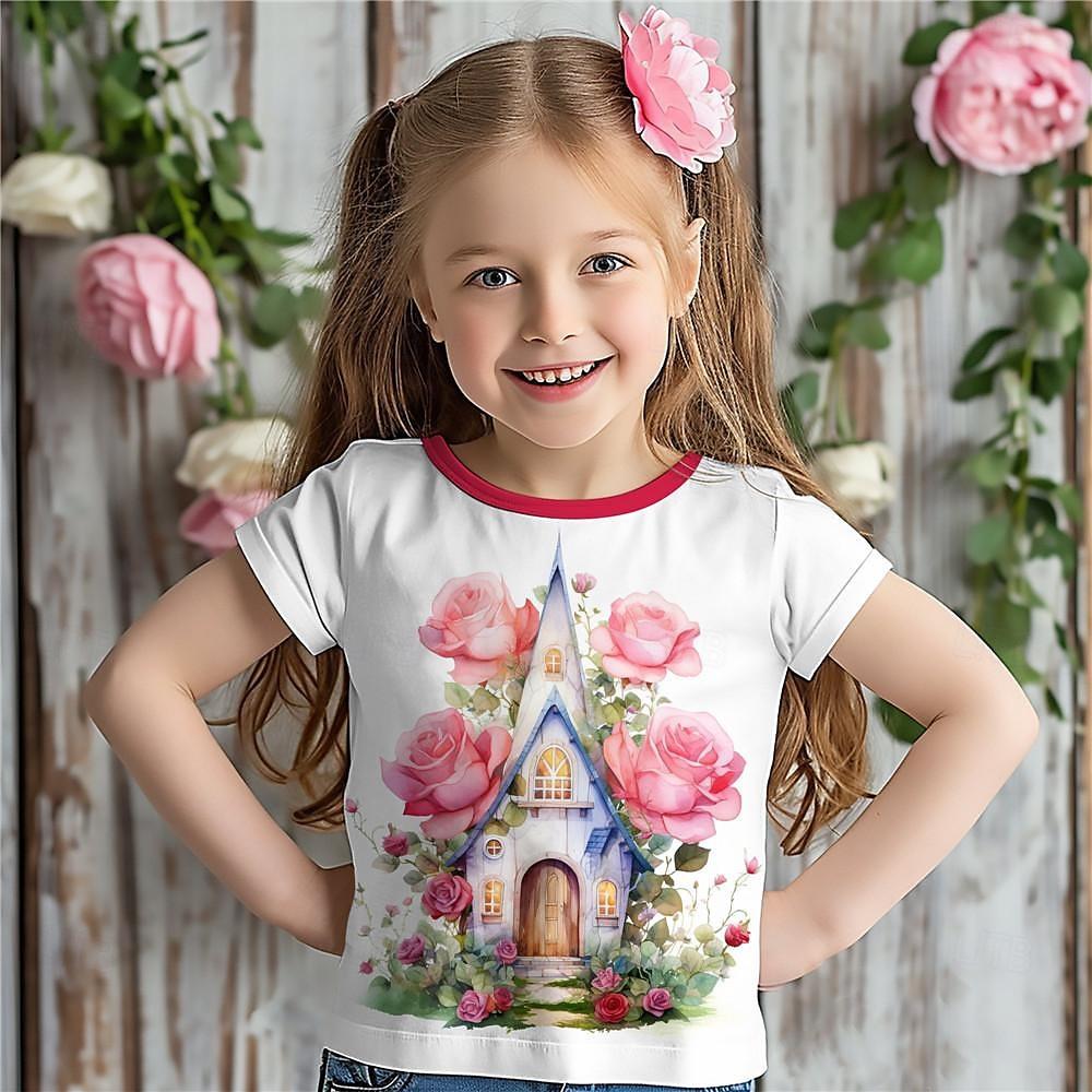 Детская одежда Футболка для девочек с коротким рукавом, милый 3D цветочный принт, детская летняя одежда, повседневная одежда Kawaii с круглым вырезом для девочек, топ