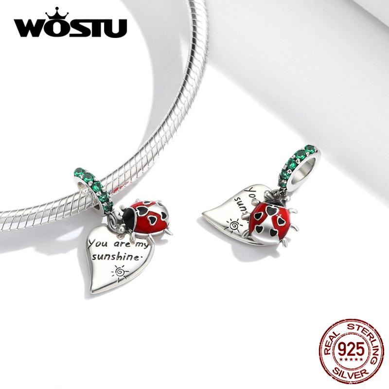 WOSTU Сияющий циркон, красная божья коровка и бирка в форме сердца, стерлинговое серебро 925 пробы, подвесные бусины, подходят к оригинальному браслету, подвеске, ювелирные украшения
