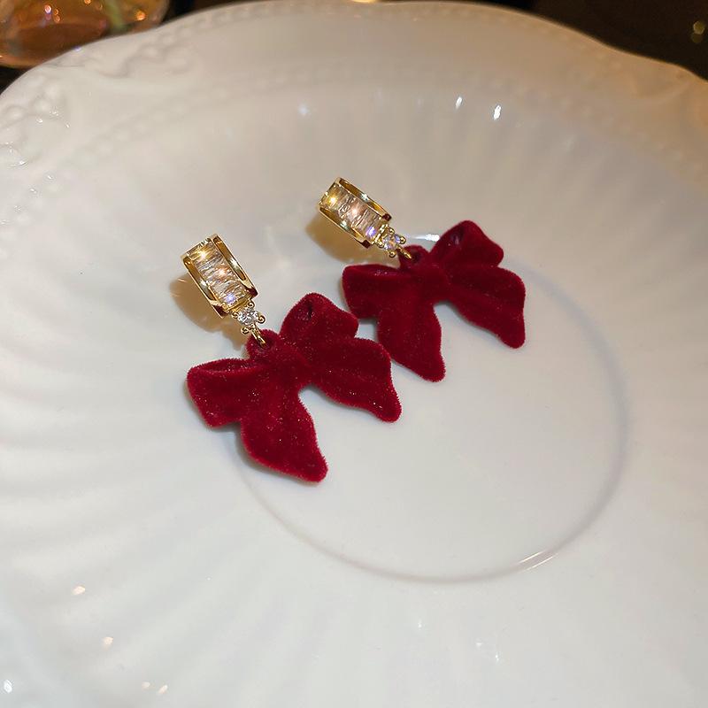Vintage Red Flocking Earrings Collection Bow Knot Earstuds Vintage Style Earrings Jewelry Gift