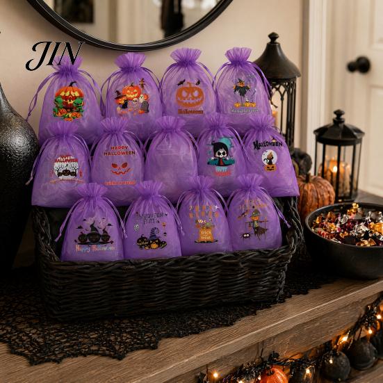 Halloween Candy Bag 12 Pcs Organza Bag, Drawstring Treat Pouch with Pumpkin Ghost Bat Party Favor Print, Sheer for Snacks, Trick or Gift Packaging