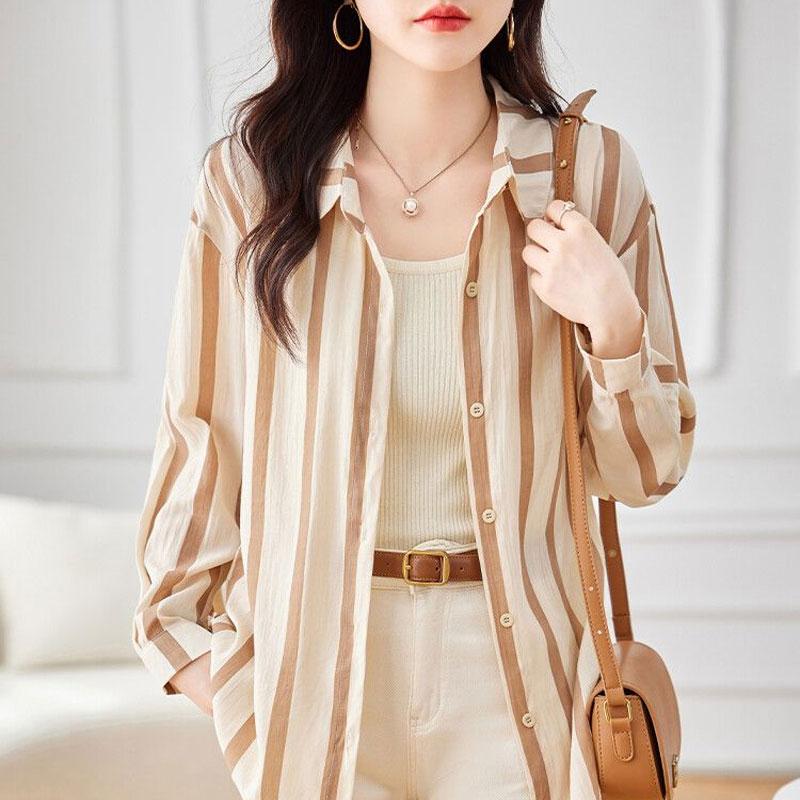 Commute Korean Striped Shirt Women's Clothing Casual Loose Single-breasted Spring Summer Fashion Polo-Neck All-match Blouse