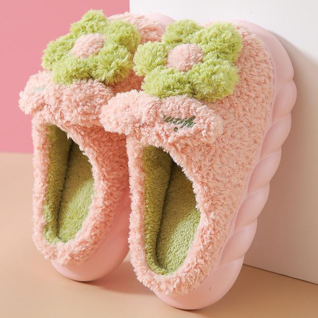Зимние теплые тапочки женские 4 см высокие каблуки нескользящие плюшевые хлопковые туфли с эффектом памяти милые цветы домашние спальни женские меховые шлепанцы