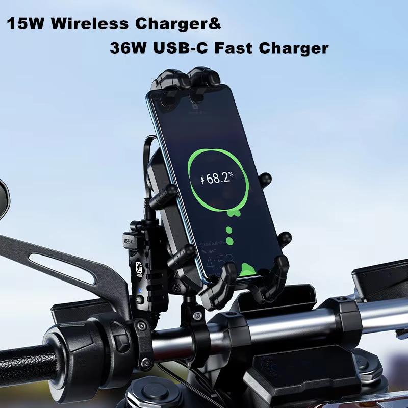 Anti-Theft Motorcycle Phone Mount with 15W Wireless Charger And 30W USB-C Charger for iPhone And Android Phones Handlebar Holder