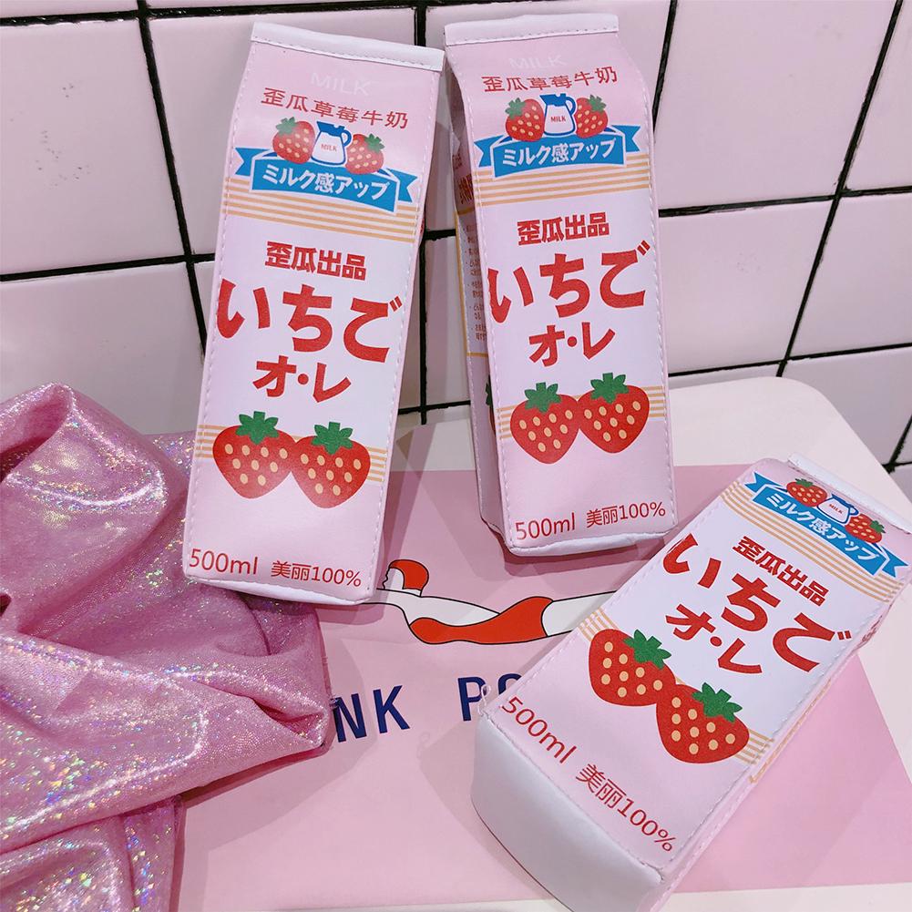 Stationeries Cute Milk Box Strawberry Pen Box Pencil Pouch Students School Stationery Bag