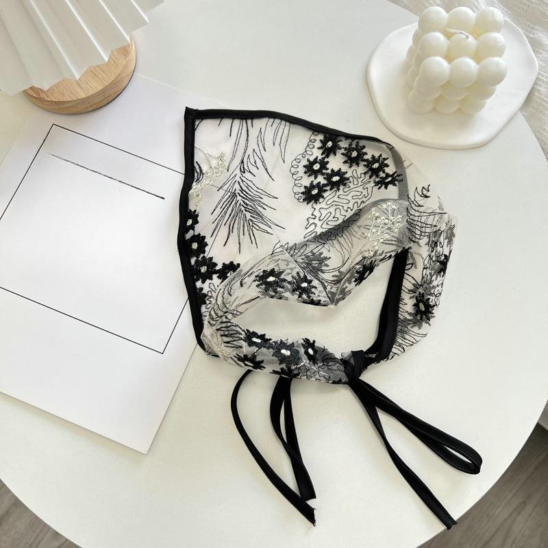Black Sexy Hair Scarf Triangle Headband Women Embroidery Flower Sheer Headscarf French Vintage Kerchief Travel Photo Accessories