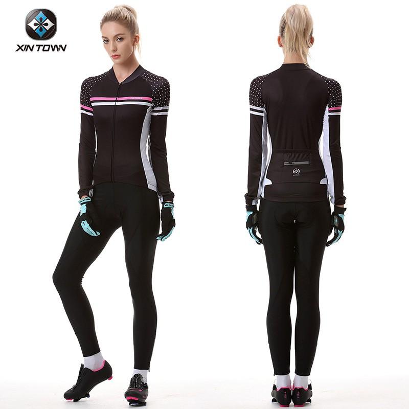 XINTOWN Womens Long Sleeve Cycling Jersey Set Winter Moisture Wicking Bike Wear