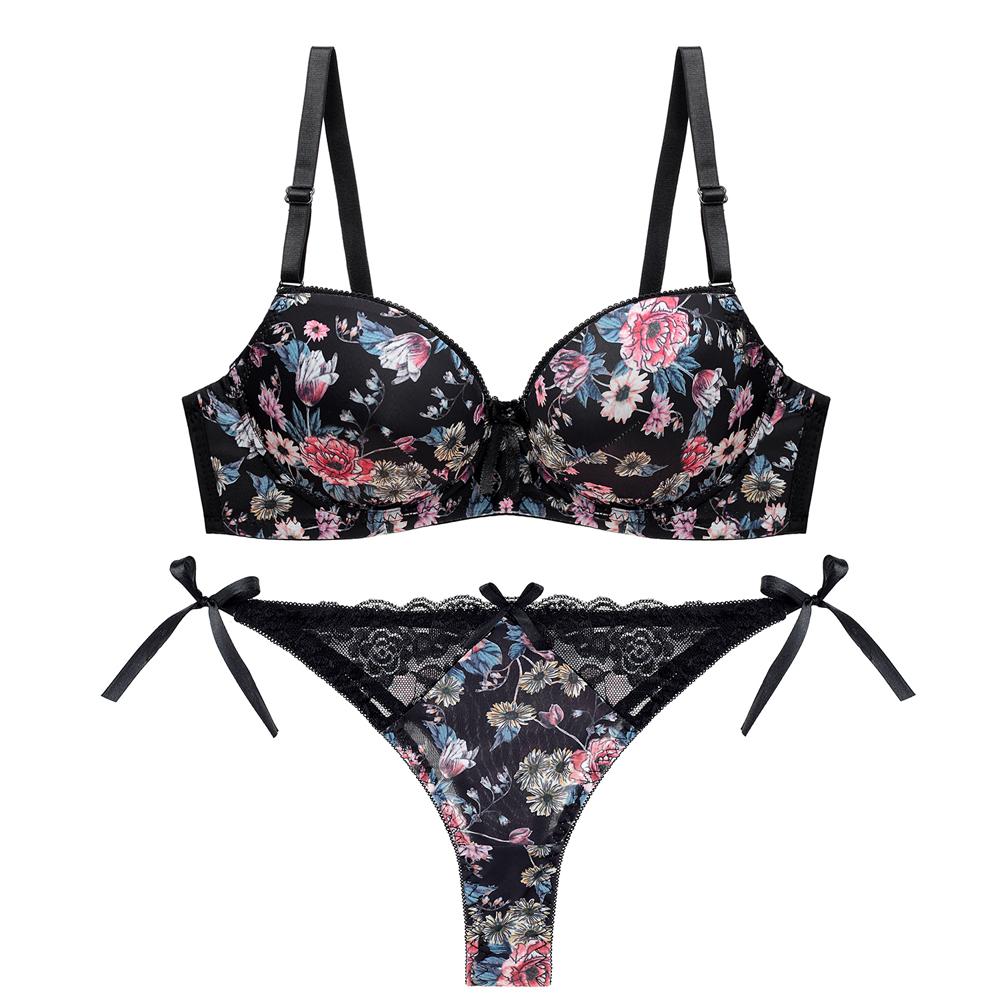 Print Push Up French Lace Women's Underwear Sets ABC Cup Bra And Panty Deep V Brassiere