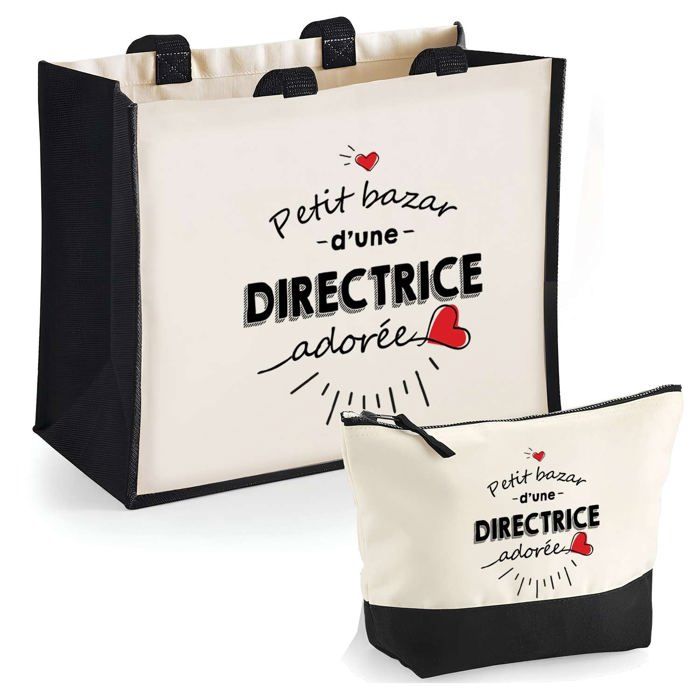 Coffret duo - PLANETEE - Duo cabas jute et trousse « Bazar d'une Directrice adorée » - Jute & coton - 33x42 cm - Personnalisé