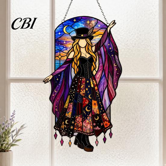 Boho Acrylic Hanging Ornament Dancing Lady Sun Catcher, Ornament, Retro Starry Sky Metal Chain Catcher Moon Gothic Woman Window Spinnner for Home Room
