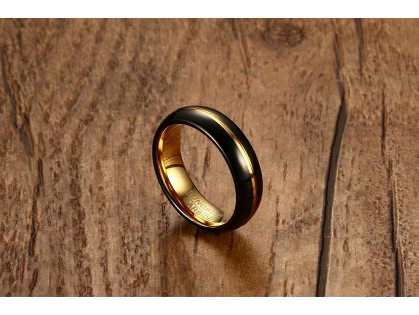 Мужское кольцо из вольфрамовой стали черного и золотого цвета 6 мм - TCR-060