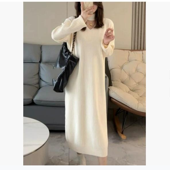 Autumn and Winter Women's Plus Size Hollow V-neck French Trend Solid Color Sweater Skirt Dress