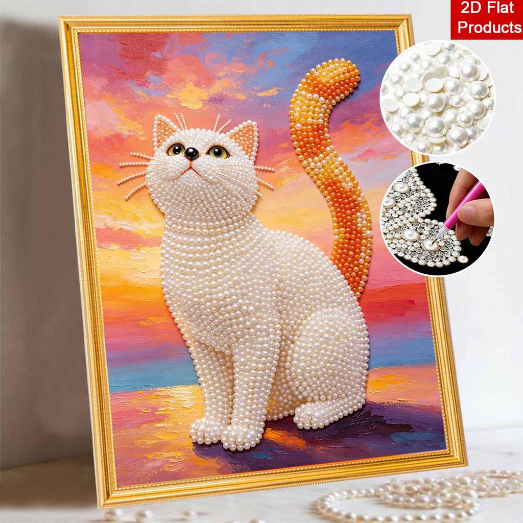 Animal series cat pearl painting diy handmade 5D highvalue hanging living room decoration painting with pearl cat and sunset sky background