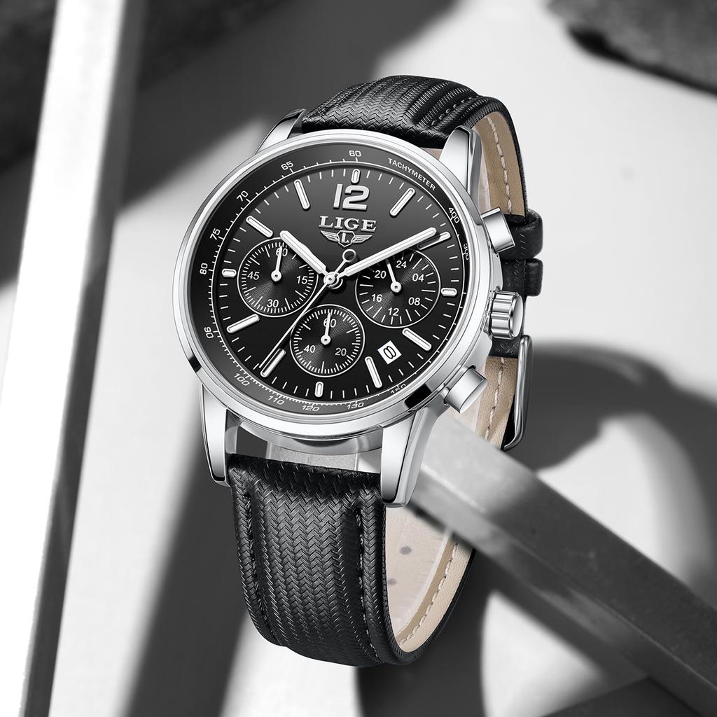 Mens Watches LIGE Top Brand Luxury Leather Casual Chronogra Quartz Watch Mens Sport Waterproof Clock Watch Relogio Masculino+Box