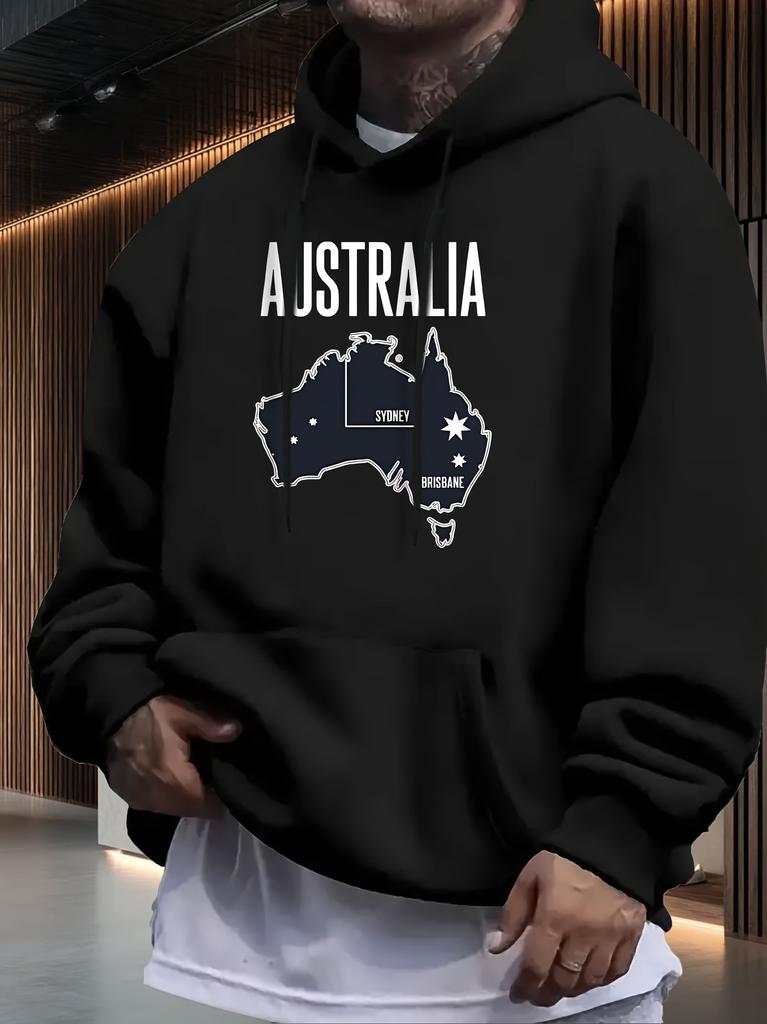 Casual Fleece Hoodie with Australia Map Graphic Print - Black Regular Fit All-Season Comfort