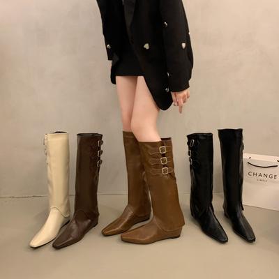 Осенние ботинки женские летние новые остроносые на толстом каблуке ботфорты в стиле ретро рыцарские ботинки модная пряжка-ремень ботильоны