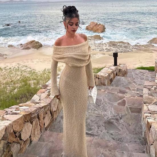 Вязаное платье макси для женщин с длинным рукавом, прозрачное открытое плечо, элегантное длинное платье для вечеринок, пляжа