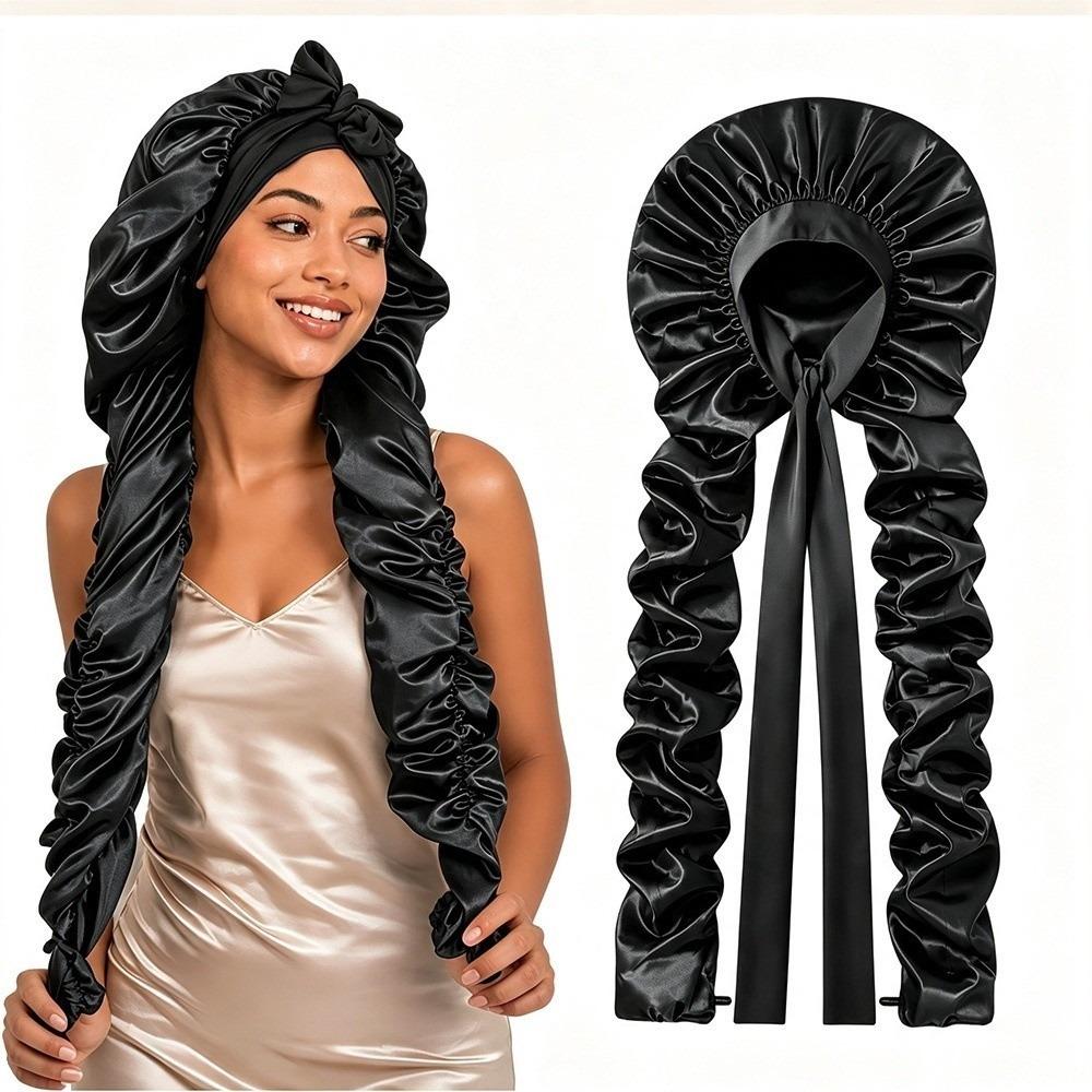 Adjustable Ribbon Tie Satin Sleep Cap Lightweight Ruched Long Tube Hair Cap Travel Hair Care