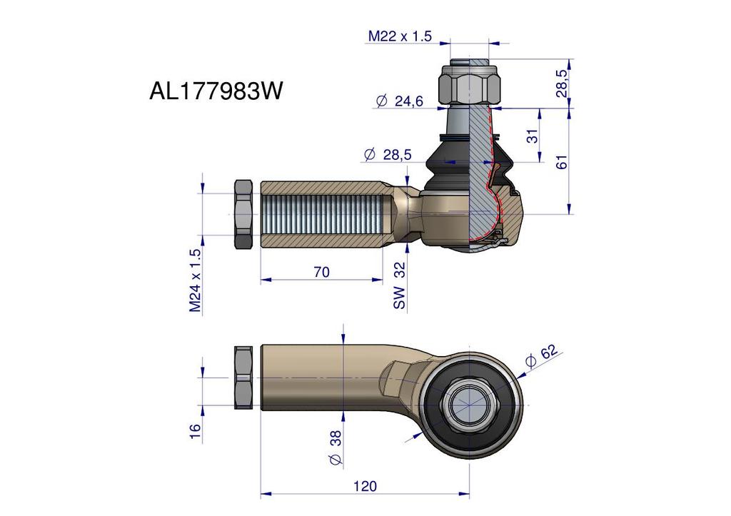 Левый рулевой наконечник 120 мм - M24x1.5 AL177983 WARYŃSKI