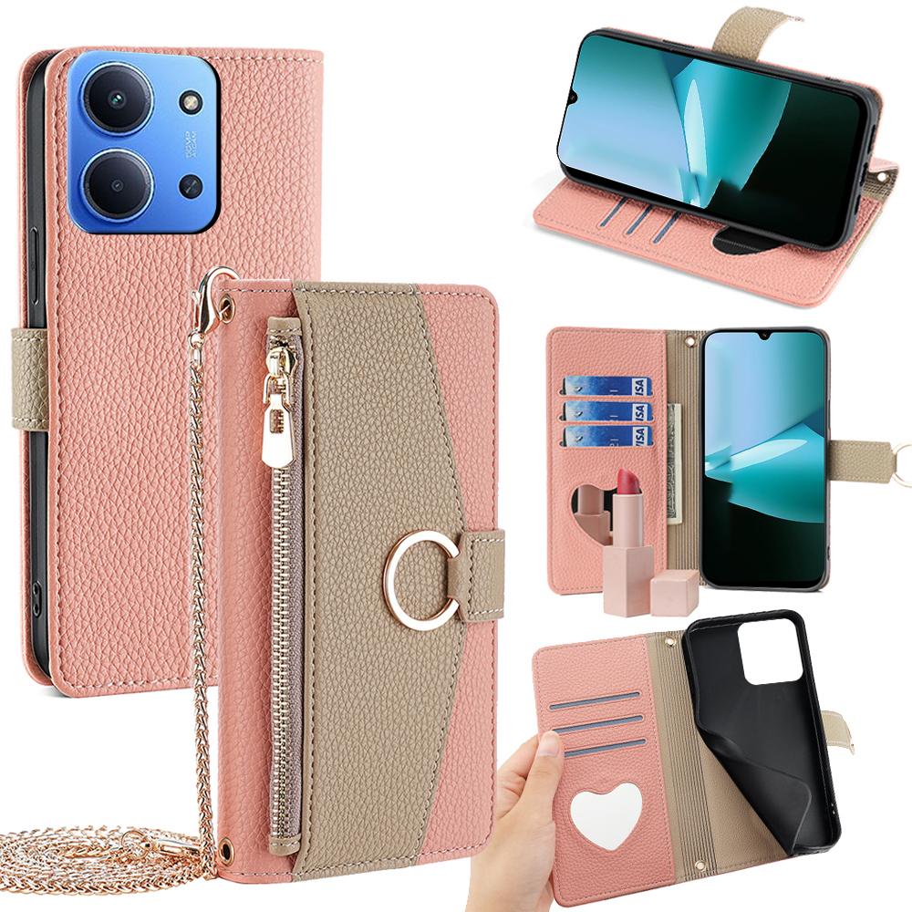 Кожаный чехол для Xiaomi Redmi 15C 4G (США) (173мм)/15C 5G (США) (173мм)/Poco C85 4G (173мм) Зеркальный кошелек Чехол для телефона с цепочкой на плечо