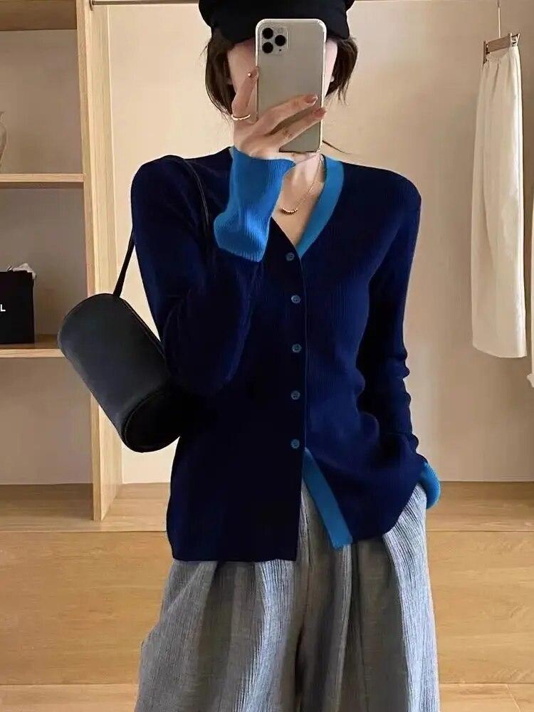 Осенний вязаный кардиган для девочек, лоскутный свитер с длинными рукавами, рубашки, женские вязаные топы контрастного цвета