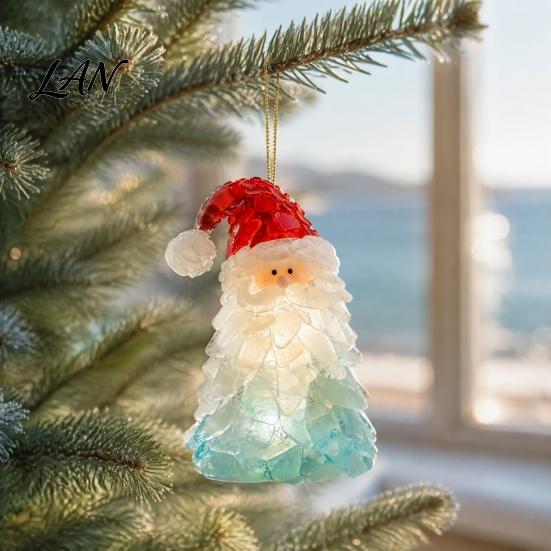 Holiday Gift Ideas Sea Glass Christmas Ornaments, 2D Flat Acrylic Tree Santa Snowman Reindeer Angel Home Decor Wreath Hanging Decoration, Coastal