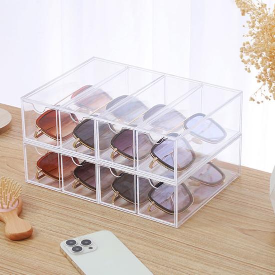 4Pcs Eyeglass Case Storage Organizer Large Capacity Dustproof Transparent Stackable Sunglass Glasses Storage Box with Lid
