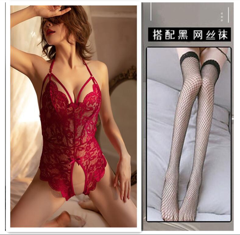 Honey sexy lingerie lace seduction onesie women's open file hot hollow perspective uniform