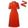 D563 Women's Summer V-Neck Pleated High-Waist Dress