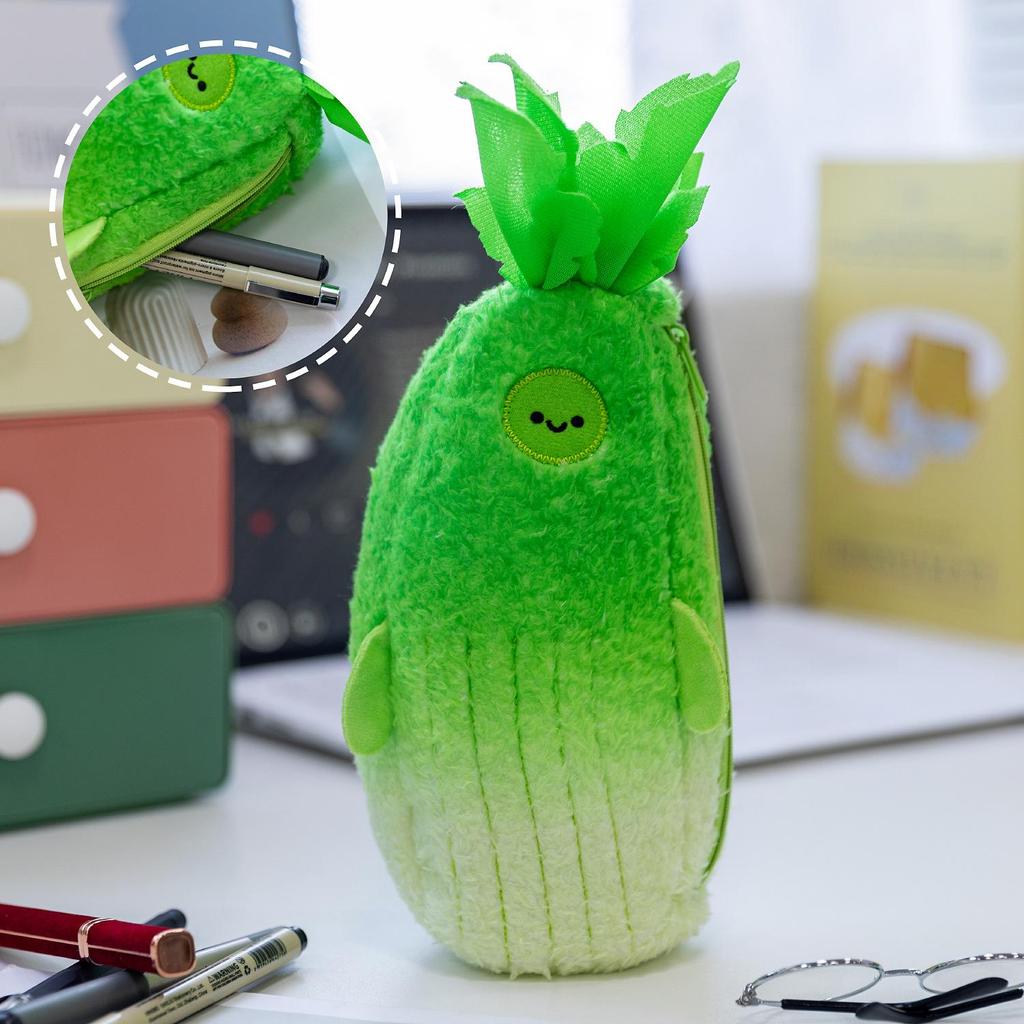 Plush Cartoon Vegetable & Fruit Pencil Cases: Broccoli, Garlic, Eggplant, Banana Design.