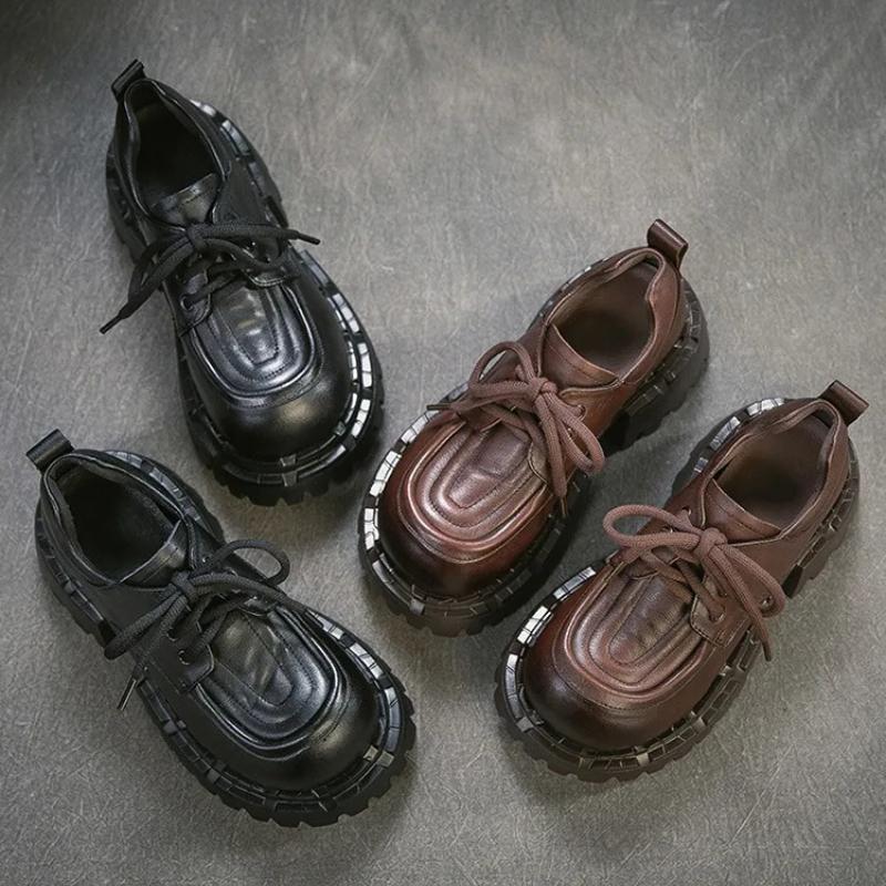 Johnature Женские туфли-лодочки на толстой подошве с круглым носком и шнуровкой в британском стиле, из натуральной кожи, универсальные, на высоком каблуке