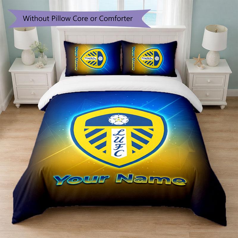 Leeds United Custom Name Text Bedding Set 1 Duvet Cover+2 Pillowcases Soccer Logo Personalized Gift For Special Occasion Bedroom Decor