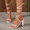 Women's Solid Color Block Heeled Sandsals, Sexy Square Toe Lace Up Sandals, Fashion Summer Sandals