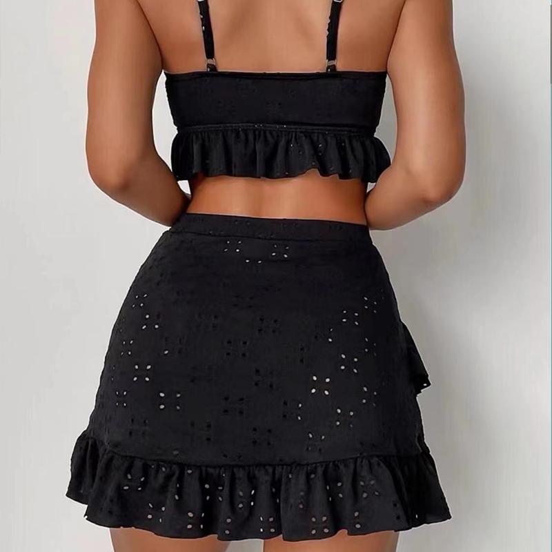 Solid Bikini Set High Waist Mesh Beach Style Swimwear Women Three-piece Flounce Summer Swimsuit Biquini Bathing Suit