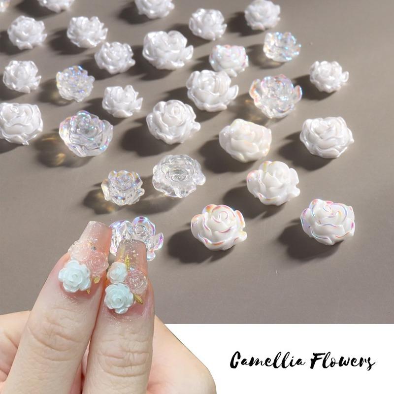 White Aurora Camellia Nail Art Jewelry Acrylic Resin Flowers Design Elegant Wedding Charms Accessories Rhinestone Decor