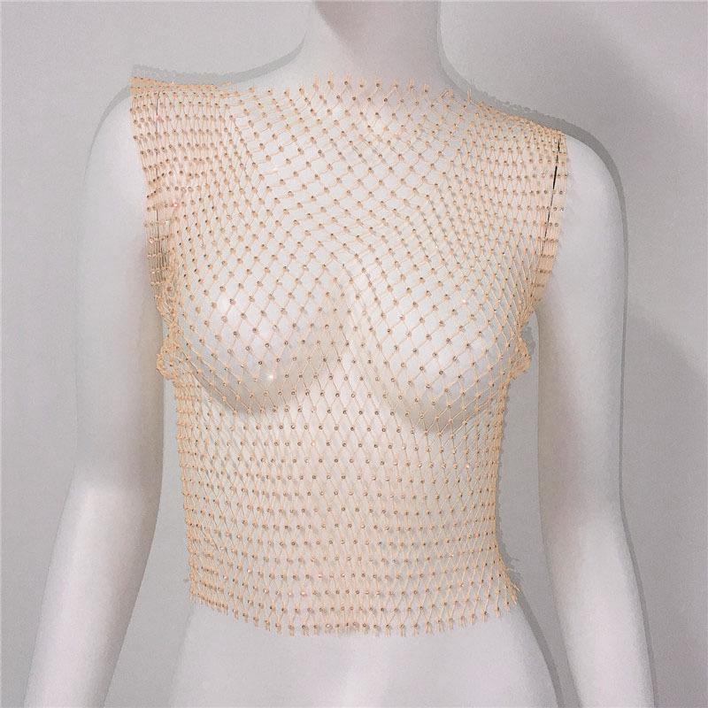 Европейский и американский топ-сетка без рукавов со стразами для женщин
