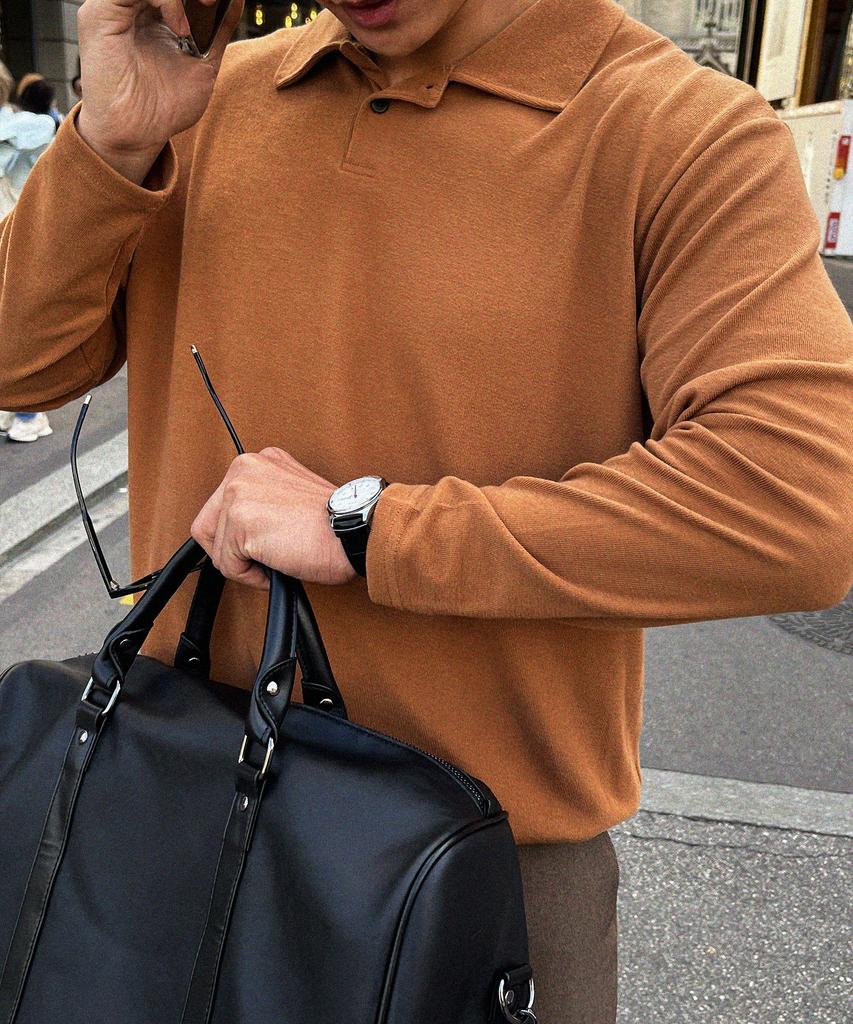 BYMONO [Plus Sizes M-8Xl] Snap-Snap Tee Classic Button Collar Automatic Tuck Long Sleeve Tee