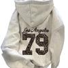 Winter Oversized Vintage Letter Print Hoodie Warm Fleece Lined Casual Commute Sweatshirt Women