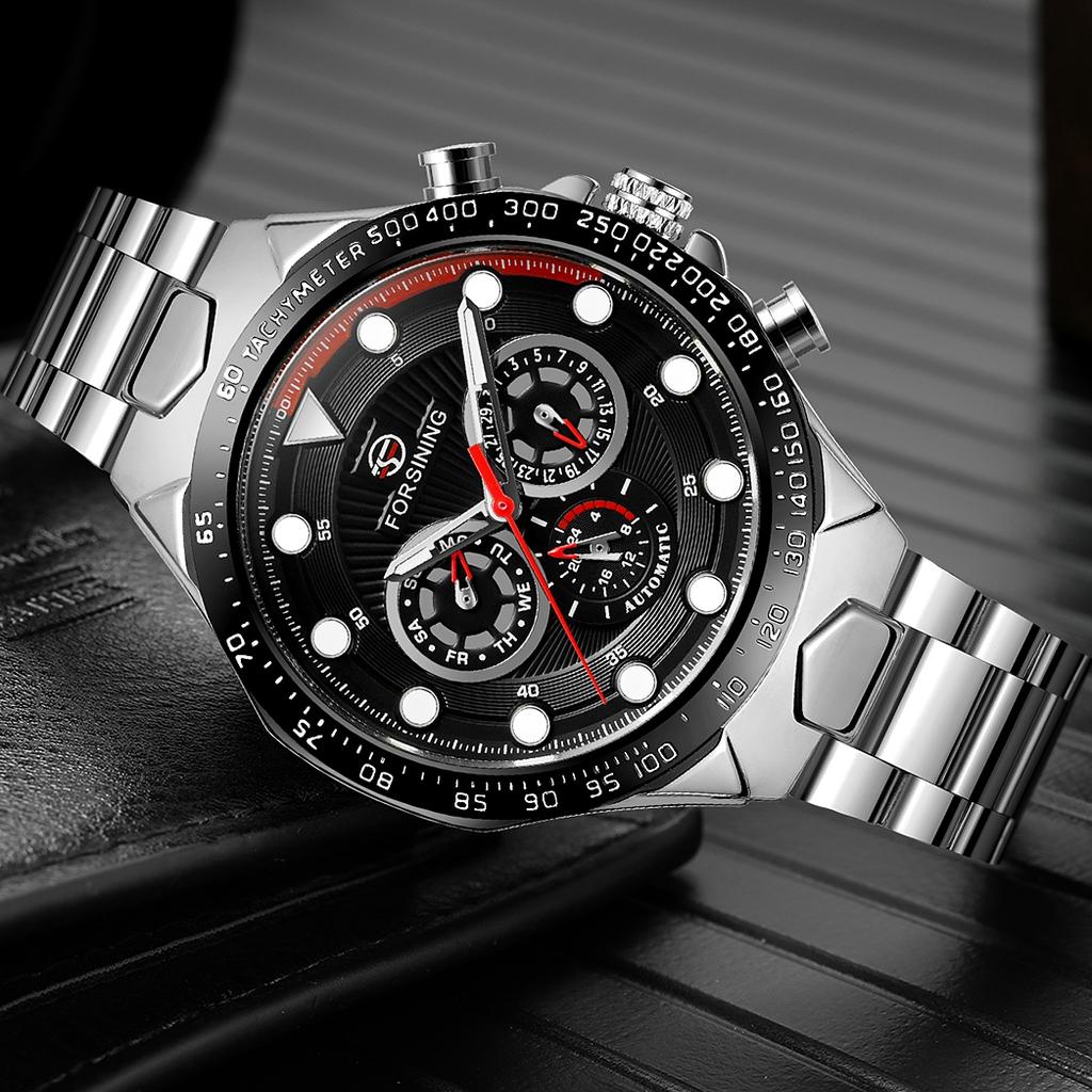 Forsining Luxury Waterproof Mechanical Large Man Watches Stainless Steel Automatic Movement Chronograph Wristwatch