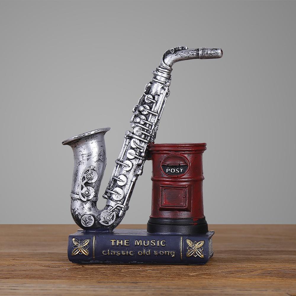 Vintage Saxophone and Violin Pen Holder, Retro Music Theme Resin Craft for Desk Decor, Unique Office Organizer Gift
