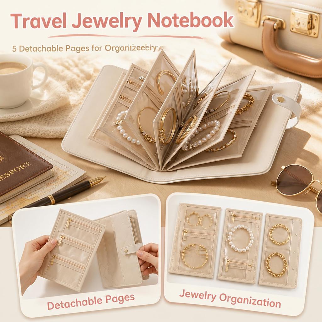 Women Portable Jewelry Storage Book, Detachable Loose Leaf Jewelry Organizer, Velvet Lined Anti-Tangle Travel Jewelry Case