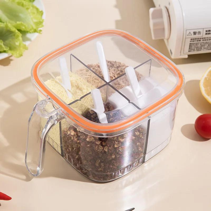 Kitchen Seasoning Box 4Grids Sealed Clear Lid Home Salt Storage Container Spice Can Chili Powder Jar Sugar Bowl Pepper Condiment