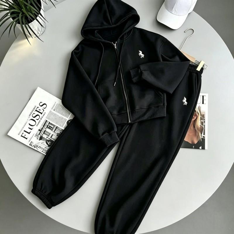 Womens Hooded Zip Sweatshirt Jogger Set Embroidered Casual 2-Piece Sportswear