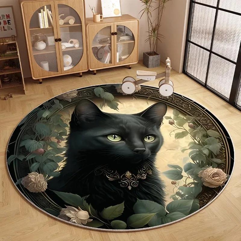 Moon Cat Round Rug Fantasy Floral Space Pattern Carpet Living Room Bedroom Kids Room Decorative Floor Mat