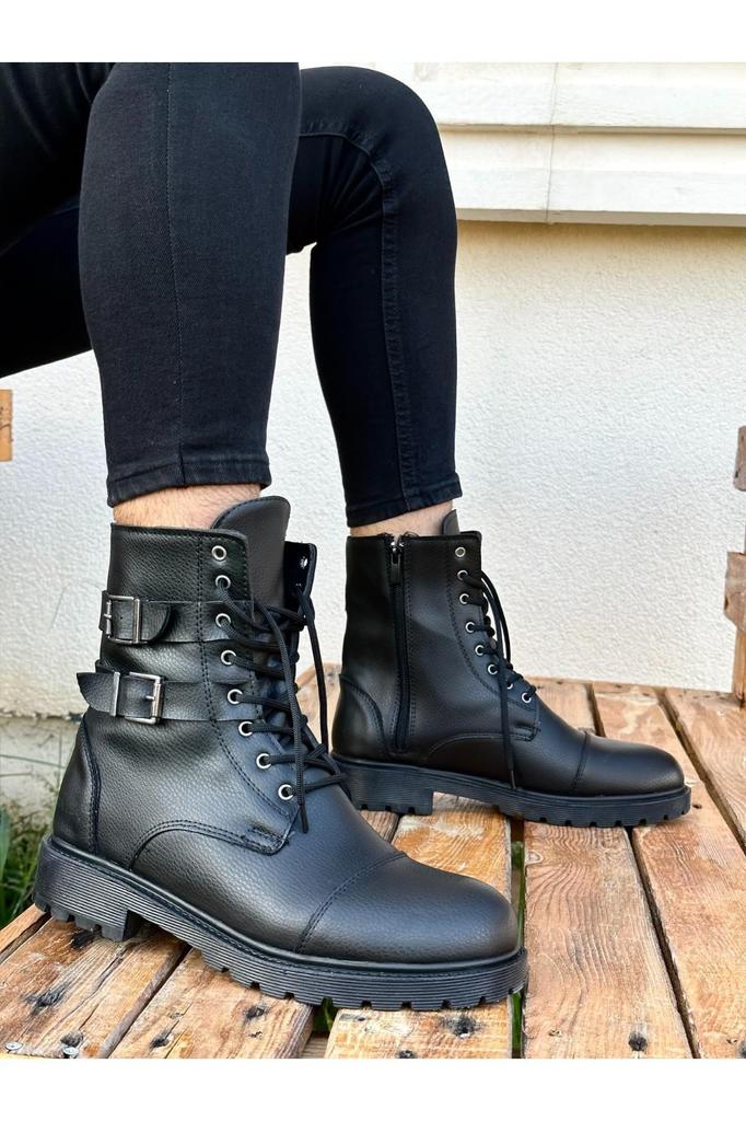 Men's Fashion Faux Leather Thick Heeled Boots Bootie Mario Rubber Sturdy Flexible Winter Water and Cold Proof Unisex Lace-Up and Zippered P Shoes