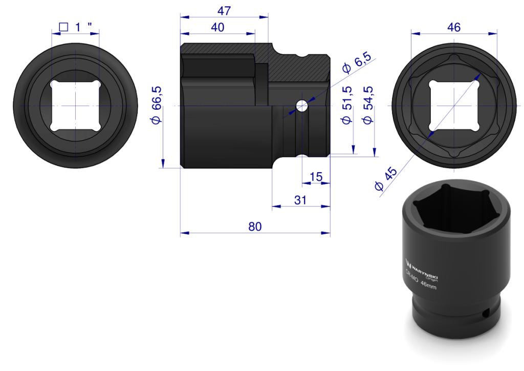 Hexagonal impact socket 1" long. 46 . CrMo. DIN 3129 Waryński