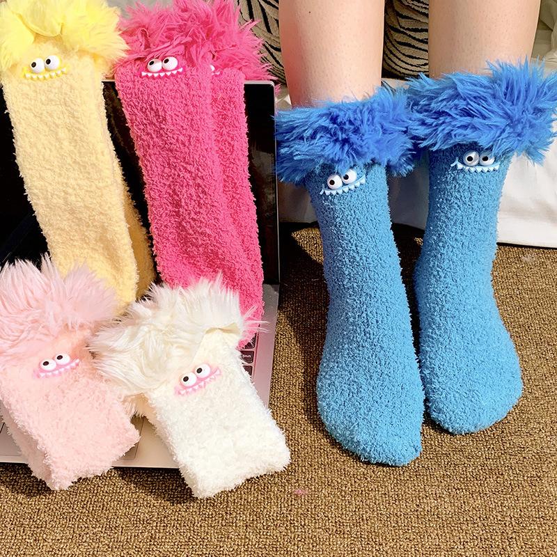 Crazy Big Mouth Monster Plush Socks Thickened Coral Fleece Cartoon Sleep Socks Winter Warm Soft Home Socks for Women Girls