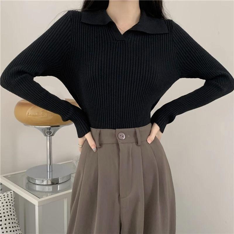 Осенняя женская футболка с длинными рукавами, вязаным воротником-поло и облегающим верхом снизу