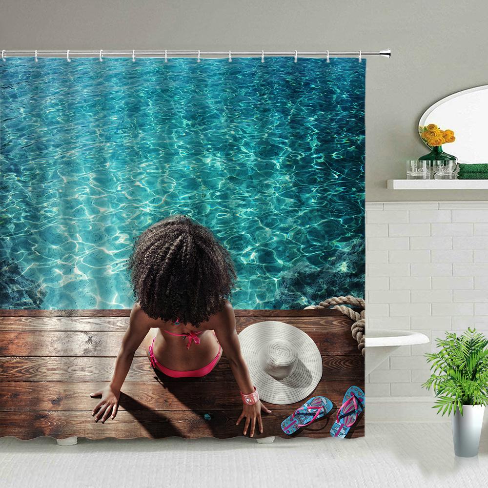 Солнечный свет Пляжная девушка Пальма Доска для серфинга Пейзаж Шторки для душа Сексуальная женщина 3D-принт Шикарная занавеска Декор для ванной комнаты С крючками