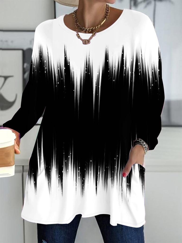 2025 Autumn Winter New Plus Size Women's Tops, Minimalist 3D Print Fashion Crew Neck Long Sleeve T-Shirts